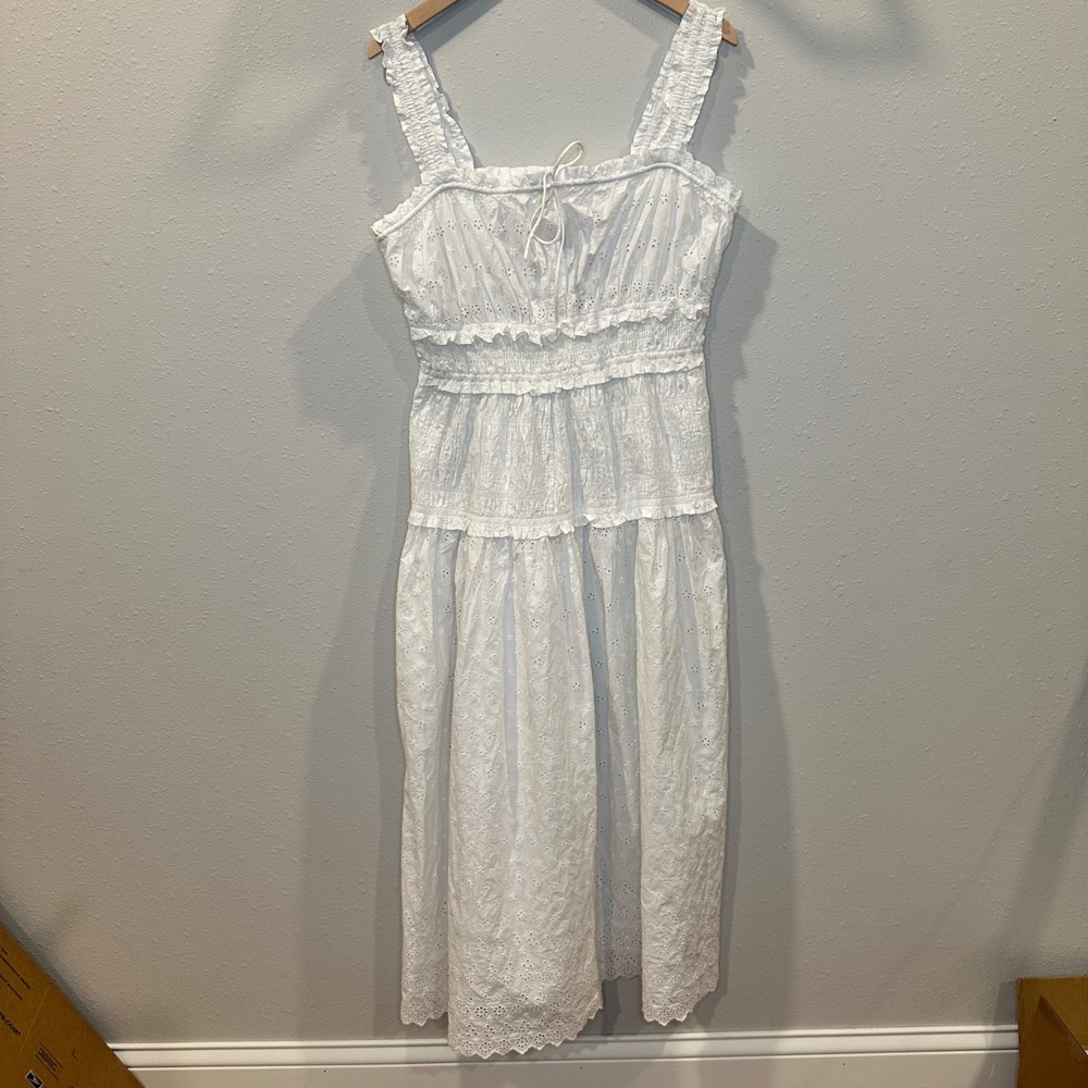NWT GAP x DOEN Eyelet Midi Dress Women Large White Smocked Tiered Cottagecore - Picture 3 of 16